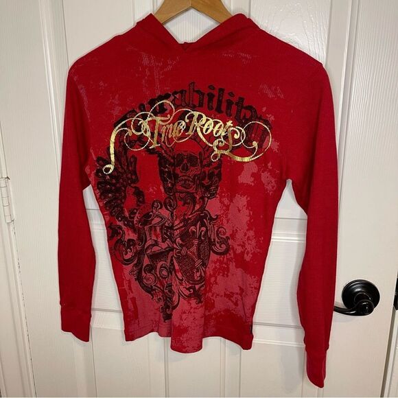 Y2K Dickies Durability True Roots Red Black Skull Waffle Knit Hooded Longsleeve - Picture 1 of 8